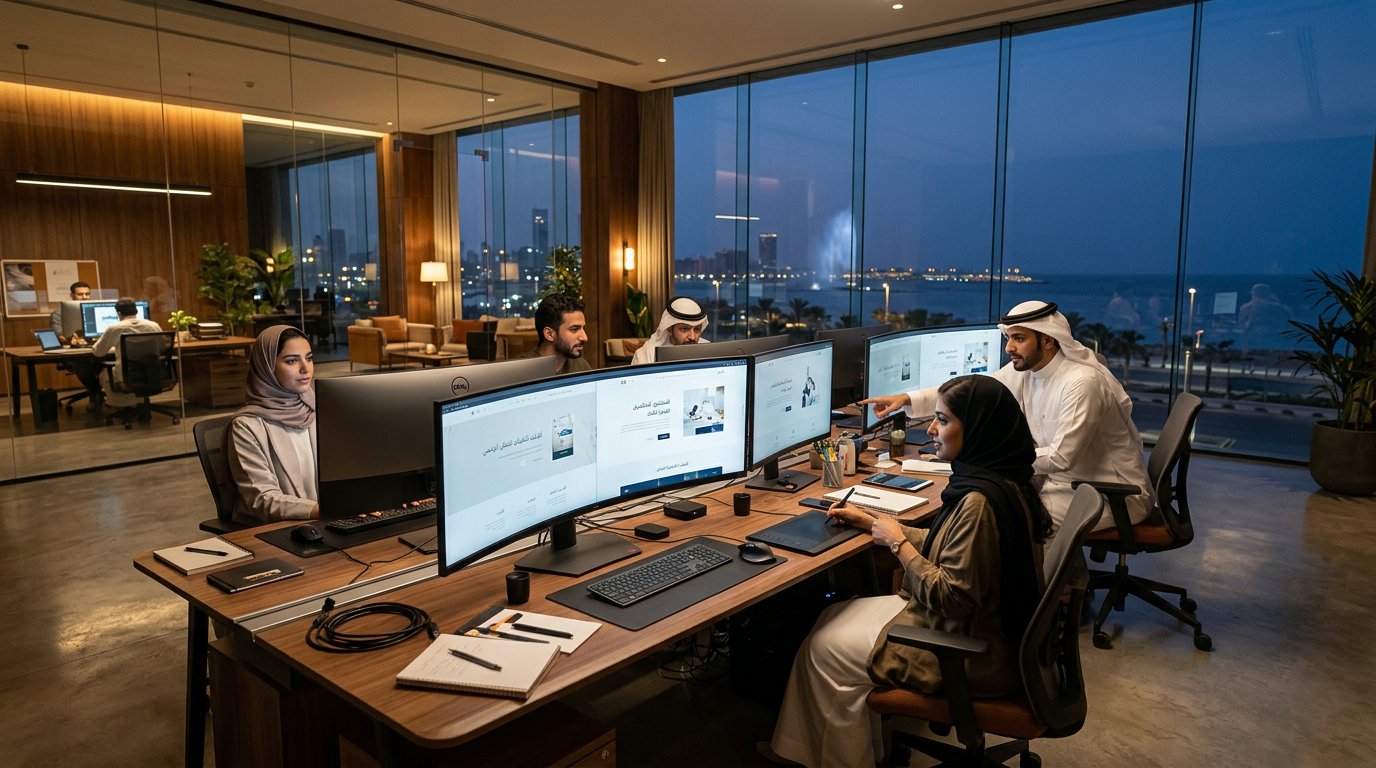 Designers building a bilingual website layout on large studio monitors