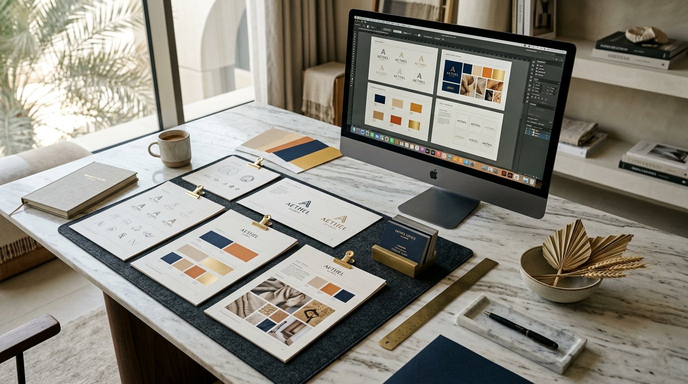 Gold foil identity boards, colour palettes and typography specimens on a studio desk