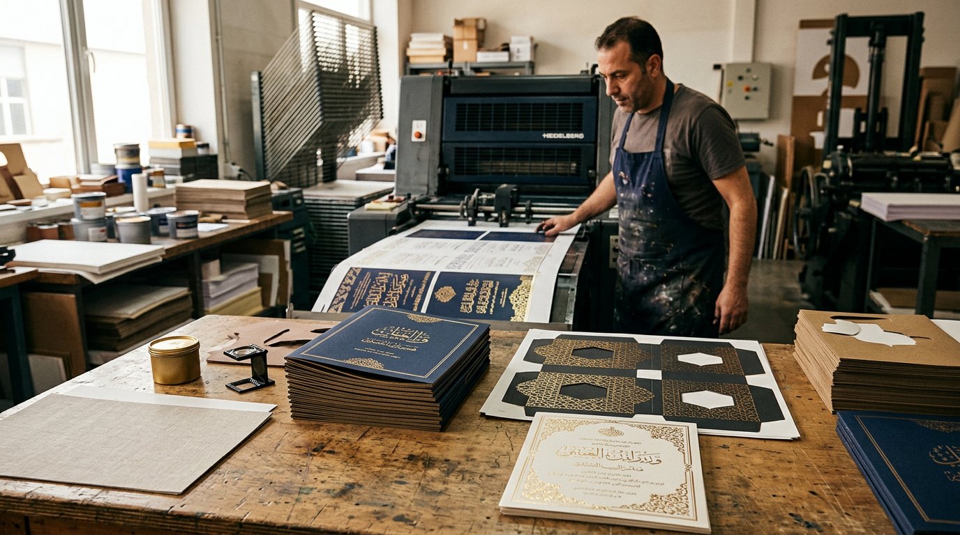 Foil-stamped brochures and offset press sheets ready for print production