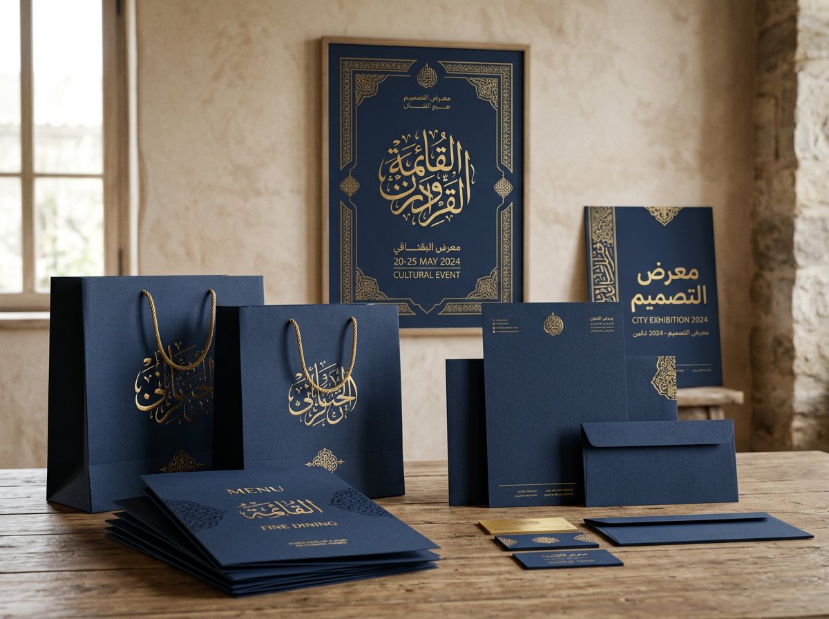 Print menus, bags and letterheads in navy and gold