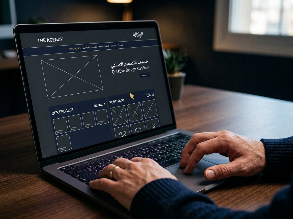 Bilingual website wireframe on a laptop
